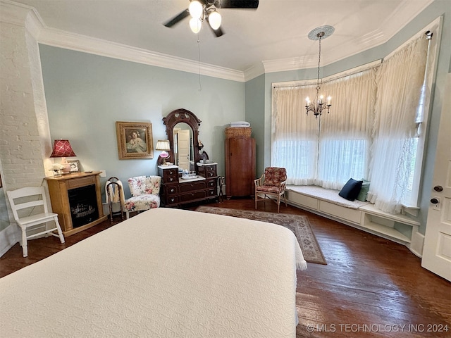 bedroom with ceiling fan with notable chandelier, crown molding, and dark wood-type flooring