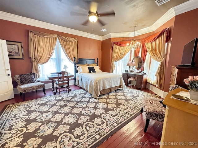 bedroom with ceiling fan with notable chandelier, dark hardwood / wood-style floors, and ornamental molding