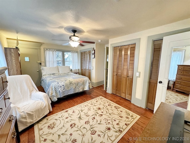 bedroom featuring ceiling fan, two closets, and wood-type flooring