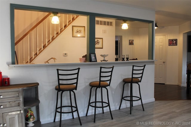 bar with dark hardwood / wood-style floors