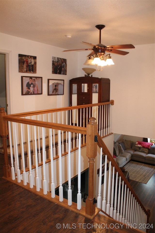 staircase featuring ceiling fan and hardwood / wood-style flooring