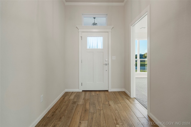 foyer featuring ornamental molding and light wood-type flooring