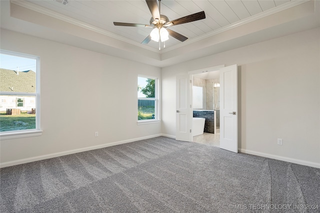 empty room featuring crown molding, ceiling fan, a raised ceiling, and carpet flooring