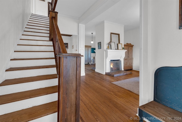 stairs with hardwood / wood-style flooring and crown molding