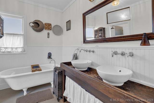 bathroom with crown molding, a washtub, vanity, and a healthy amount of sunlight