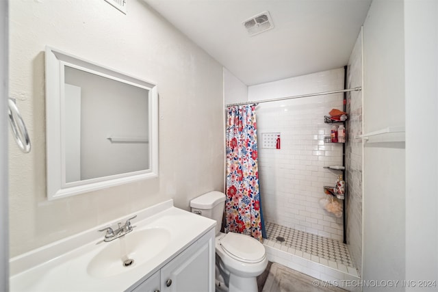 bathroom with vanity, toilet, and a shower with shower curtain