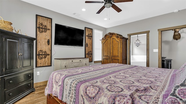 6126 Kings Rd, Ardmore, OK 73401 - bedroom with light wood finished floors, recessed lighting, and a ceiling fan