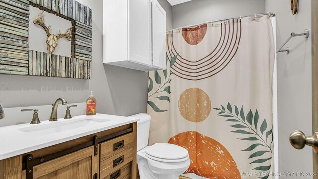 6126 Kings Rd, Ardmore, OK 73401 - bathroom with toilet, vanity, and a shower with shower curtain