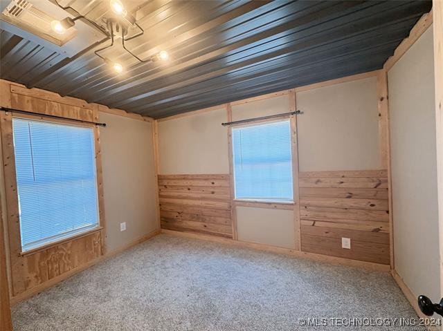 unfurnished room with wood ceiling, carpet floors, and wooden walls