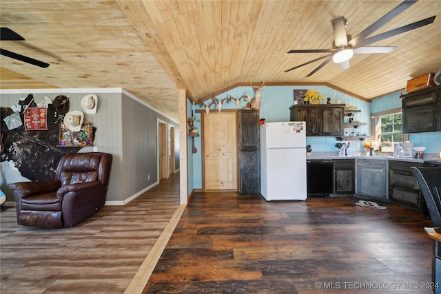 kitchen with white refrigerator, vaulted ceiling, wooden ceiling, and dishwasher