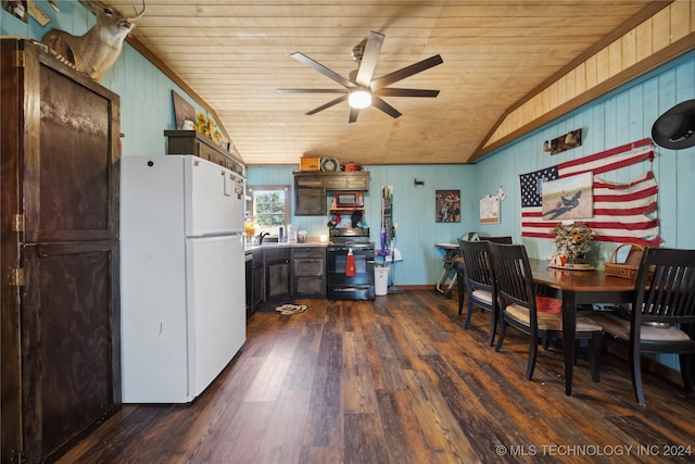 dining room featuring ceiling fan, dark hardwood / wood-style flooring, wood ceiling, vaulted ceiling, and sink