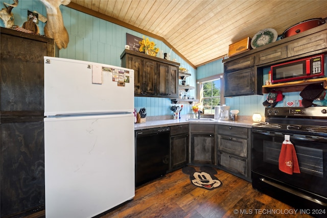 kitchen with lofted ceiling, black appliances, dark wood-type flooring, wooden ceiling, and sink