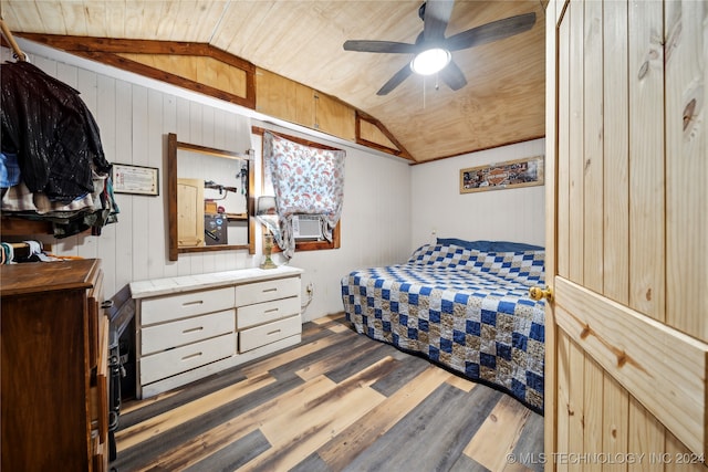 bedroom with lofted ceiling, wooden ceiling, and dark hardwood / wood-style flooring