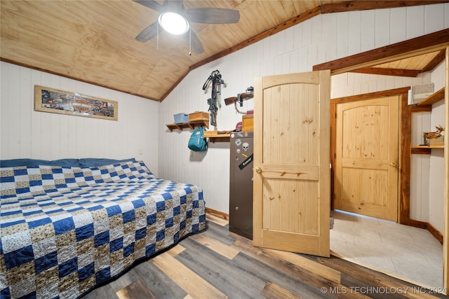 bedroom with wood ceiling, hardwood / wood-style floors, vaulted ceiling, and ceiling fan