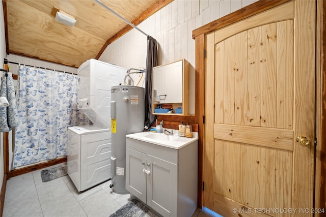 bathroom featuring vanity, wooden ceiling, a shower with curtain, water heater, and stacked washer and dryer