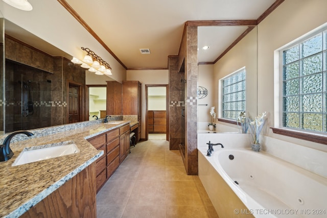 bathroom featuring tile patterned flooring, crown molding, shower with separate bathtub, and vanity