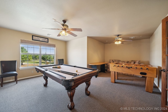 game room with carpet floors, billiards, and ceiling fan