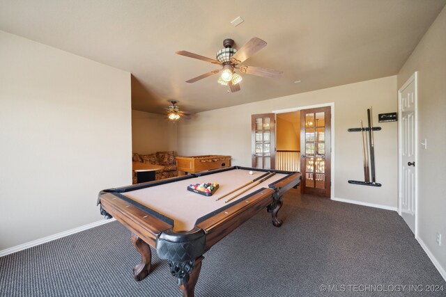 recreation room featuring pool table, ceiling fan, french doors, and dark carpet