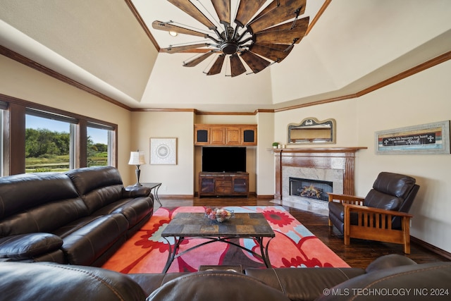 living room with a fireplace, crown molding, vaulted ceiling, and dark hardwood / wood-style flooring