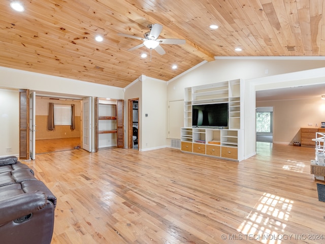 unfurnished living room with light hardwood / wood-style floors, wood ceiling, vaulted ceiling with beams, and ceiling fan