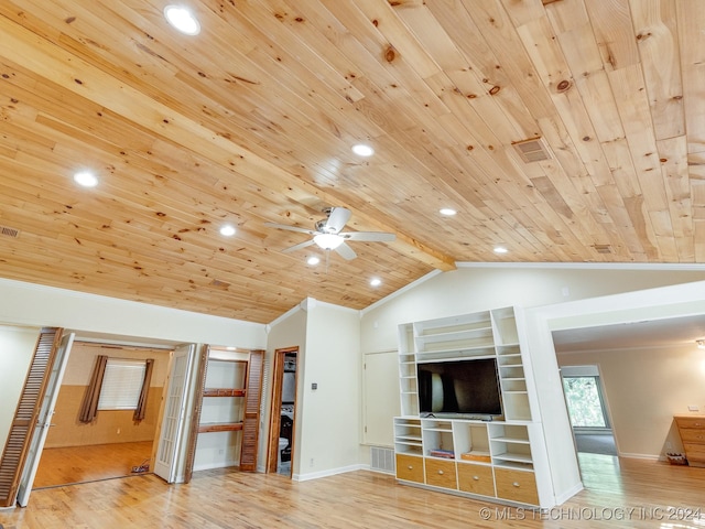 unfurnished living room with wood ceiling, baseboards, a ceiling fan, and wood finished floors