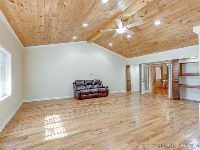 living area featuring ceiling fan, light hardwood / wood-style flooring, wood ceiling, ornamental molding, and vaulted ceiling with beams