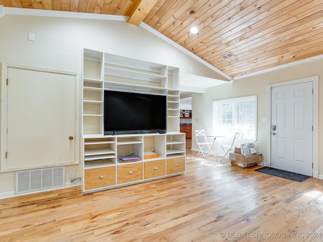 living room with visible vents, wooden ceiling, lofted ceiling with beams, crown molding, and wood finished floors