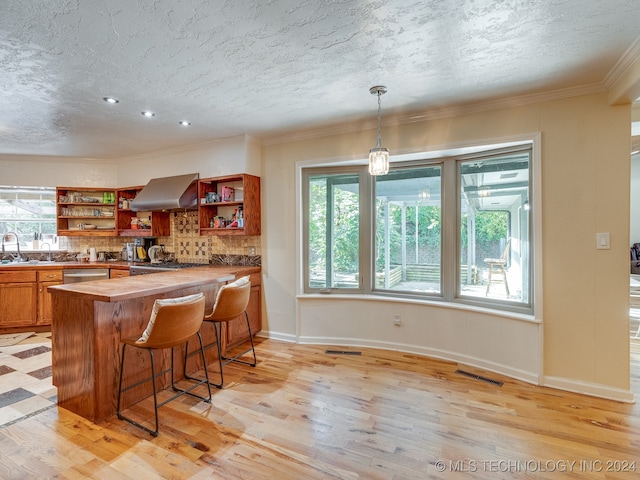 kitchen with sink, light hardwood / wood-style floors, range hood, a kitchen breakfast bar, and backsplash