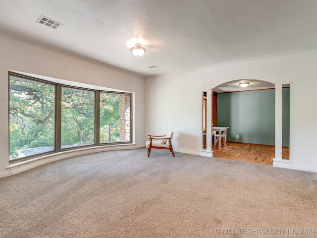 spare room featuring ornamental molding, carpet floors, ornate columns, and a textured ceiling