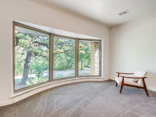 unfurnished room with plenty of natural light, ornamental molding, and carpet