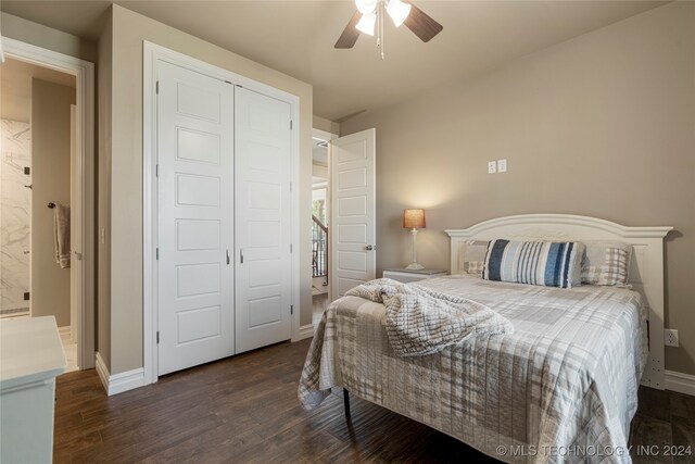 bedroom with ceiling fan, a closet, and dark hardwood / wood-style floors