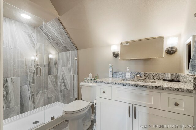 bathroom featuring vanity, toilet, and a shower with door