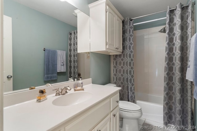 full bathroom featuring shower / tub combo with curtain, tile patterned flooring, vanity, and toilet