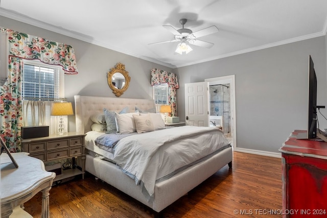 bedroom with ornamental molding, connected bathroom, dark hardwood / wood-style flooring, and ceiling fan