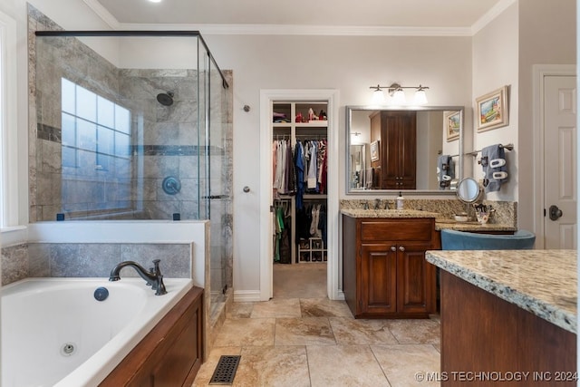 bathroom with vanity, plus walk in shower, and ornamental molding