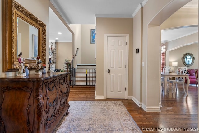 entryway featuring ornamental molding and dark wood-type flooring