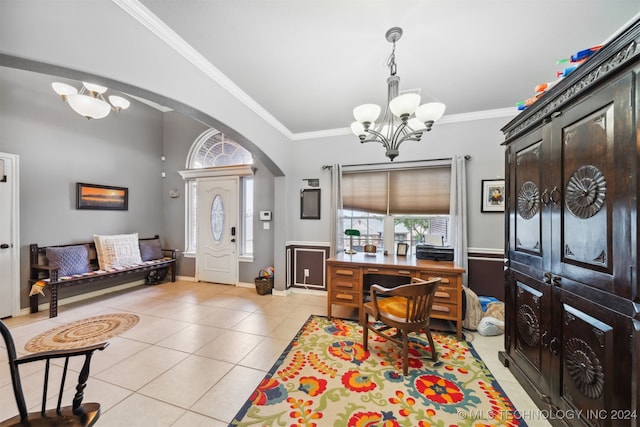 interior space featuring an inviting chandelier and ornamental molding