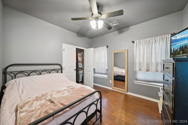 bedroom featuring ceiling fan, a closet, and dark hardwood / wood-style flooring