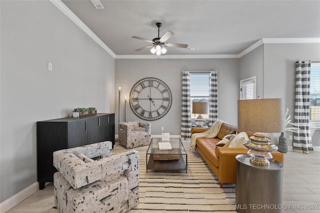 tiled living room with ceiling fan and ornamental molding