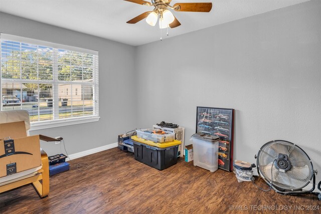 recreation room featuring ceiling fan and dark wood-type flooring