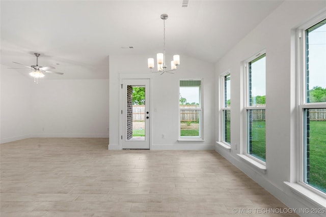 10812 S 274th Ave E, Coweta, OK 74014 - unfurnished dining area featuring healthy amount of natural light, a chandelier, lofted ceiling, light wood finished floors, and baseboards