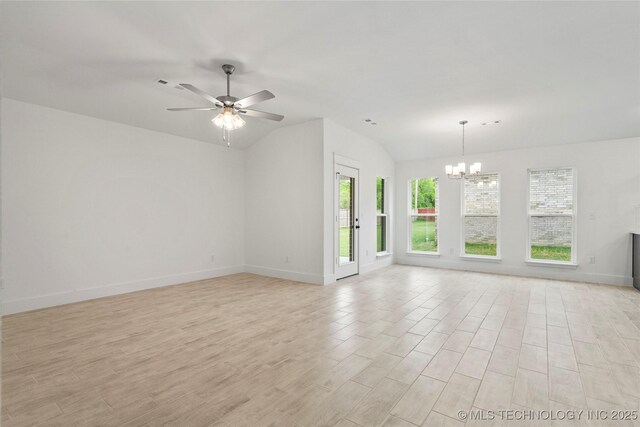 10812 S 274th Ave E, Coweta, OK 74014 - spare room with a chandelier, a ceiling fan, baseboards, light wood-type flooring, and vaulted ceiling