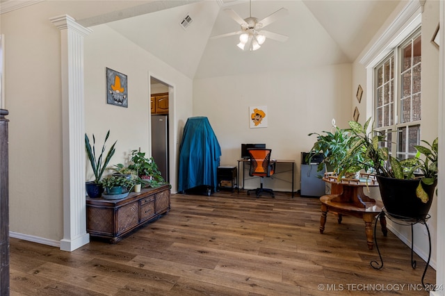 sitting room with decorative columns, lofted ceiling, ceiling fan, and dark hardwood / wood-style floors