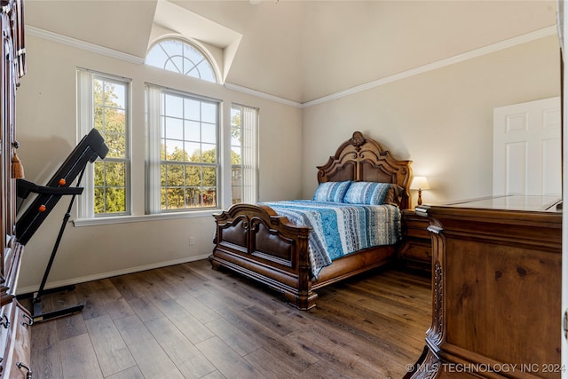 bedroom with lofted ceiling, dark hardwood / wood-style floors, and ornamental molding