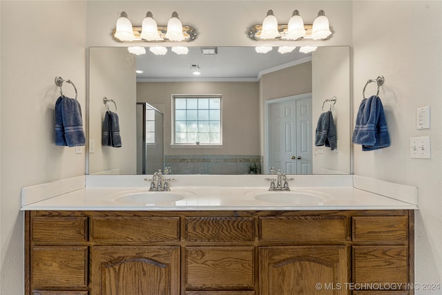 bathroom featuring walk in shower, vanity, and ornamental molding