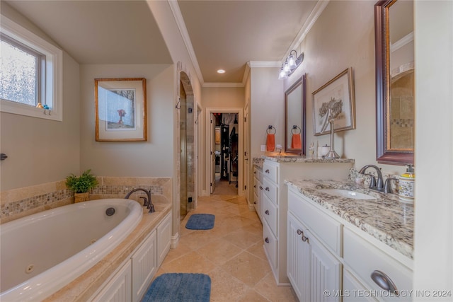 bathroom featuring ornamental molding, tile patterned flooring, vanity, and plus walk in shower