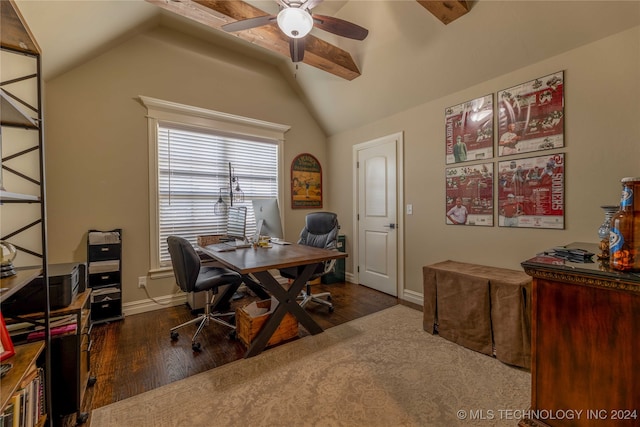 home office with lofted ceiling, ceiling fan, and dark hardwood / wood-style flooring