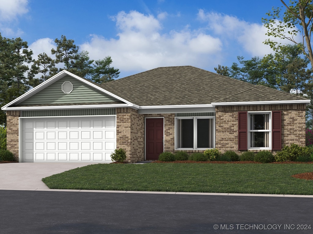 ranch-style house with a front yard and a garage