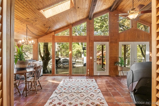 sunroom featuring wood ceiling, vaulted ceiling with skylight, a healthy amount of sunlight, and ceiling fan with notable chandelier