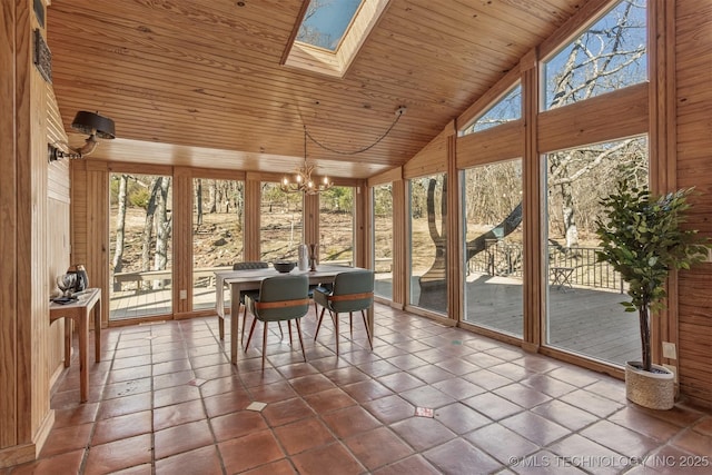 unfurnished sunroom featuring lofted ceiling with skylight, plenty of natural light, wood ceiling, and an inviting chandelier